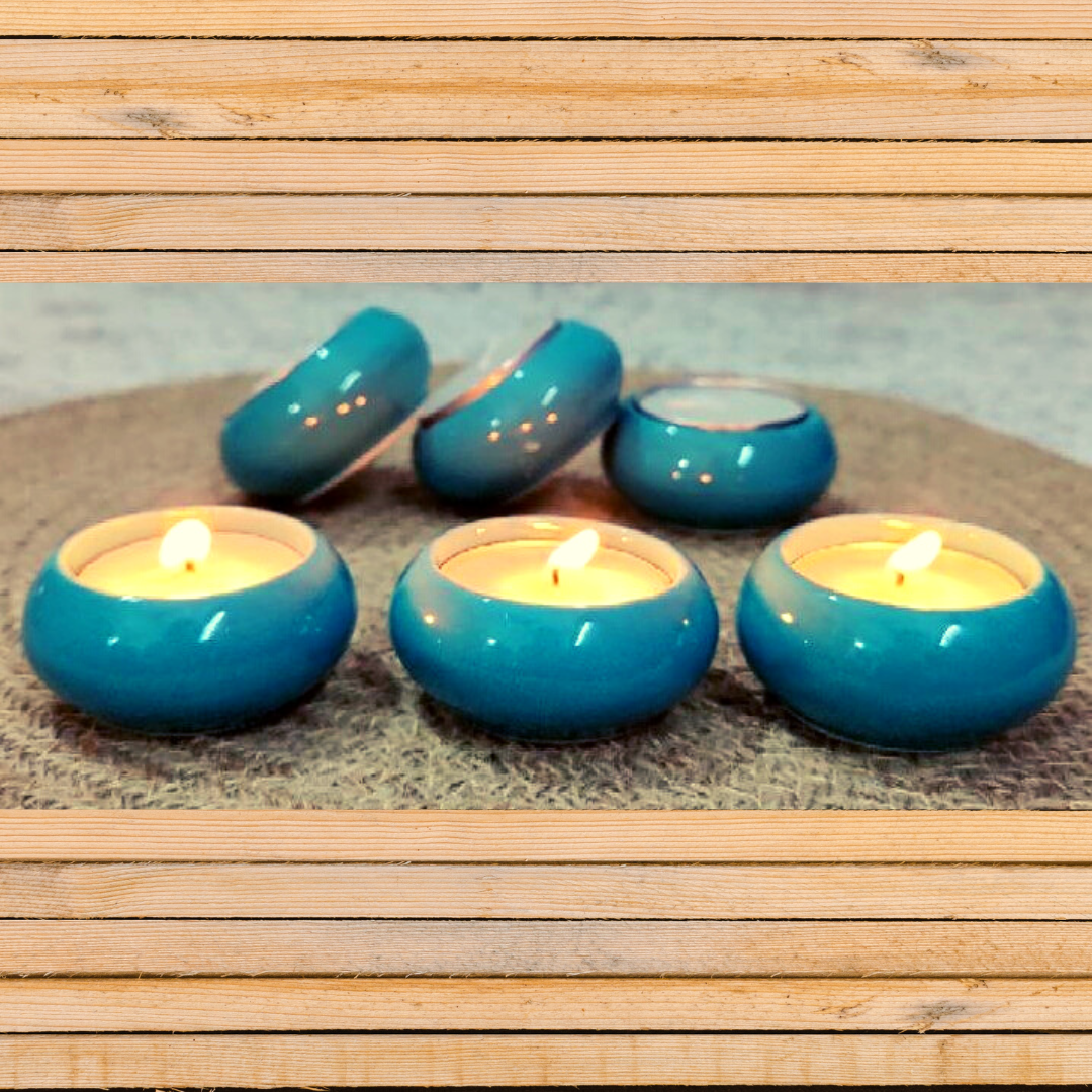 Homefrills Ceramic Hand-Painted Reusable Tealight Candle Holders /Diya with Candles Tealight Holder Stand for Home Decoration - Pack of 6 Ceramic tealight Holders with 6 Candles (DIY-Blue)